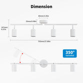 Ceiling light fixture with dimensions and swivel feature on a white background